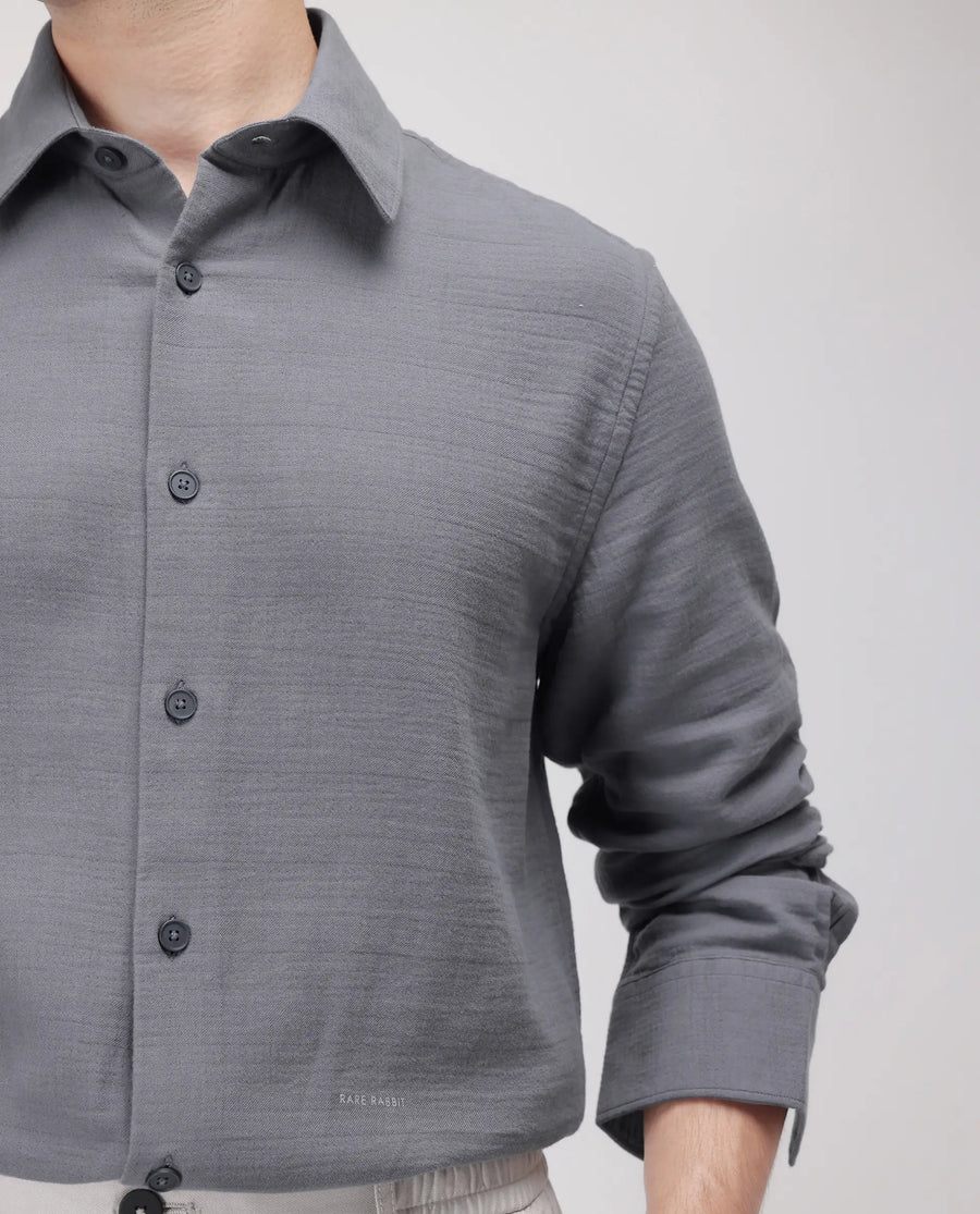 Rare Rabbit Men's Enim Dark Grey Cotton Plain Relaxed Fit Full Sleeve Collared Shirt