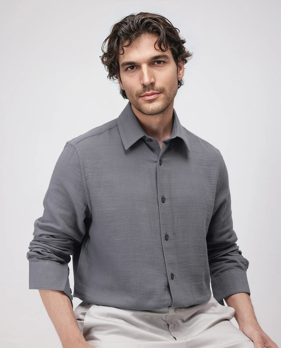 Rare Rabbit Men's Enim Dark Grey Cotton Plain Relaxed Fit Full Sleeve Collared Shirt