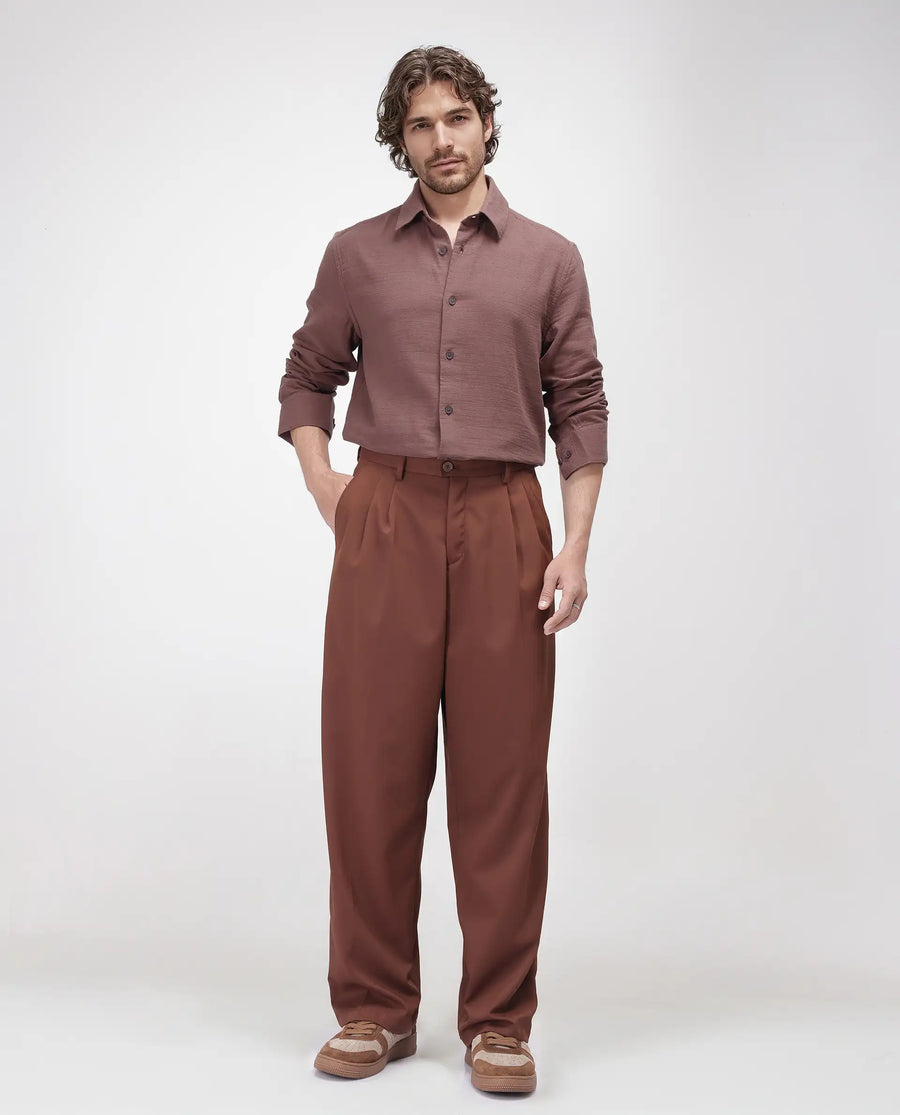 Rare Rabbit Men's Enim Dusky Maroon Cotton Plain Relaxed Fit Full Sleeve Spread Collar Shirt