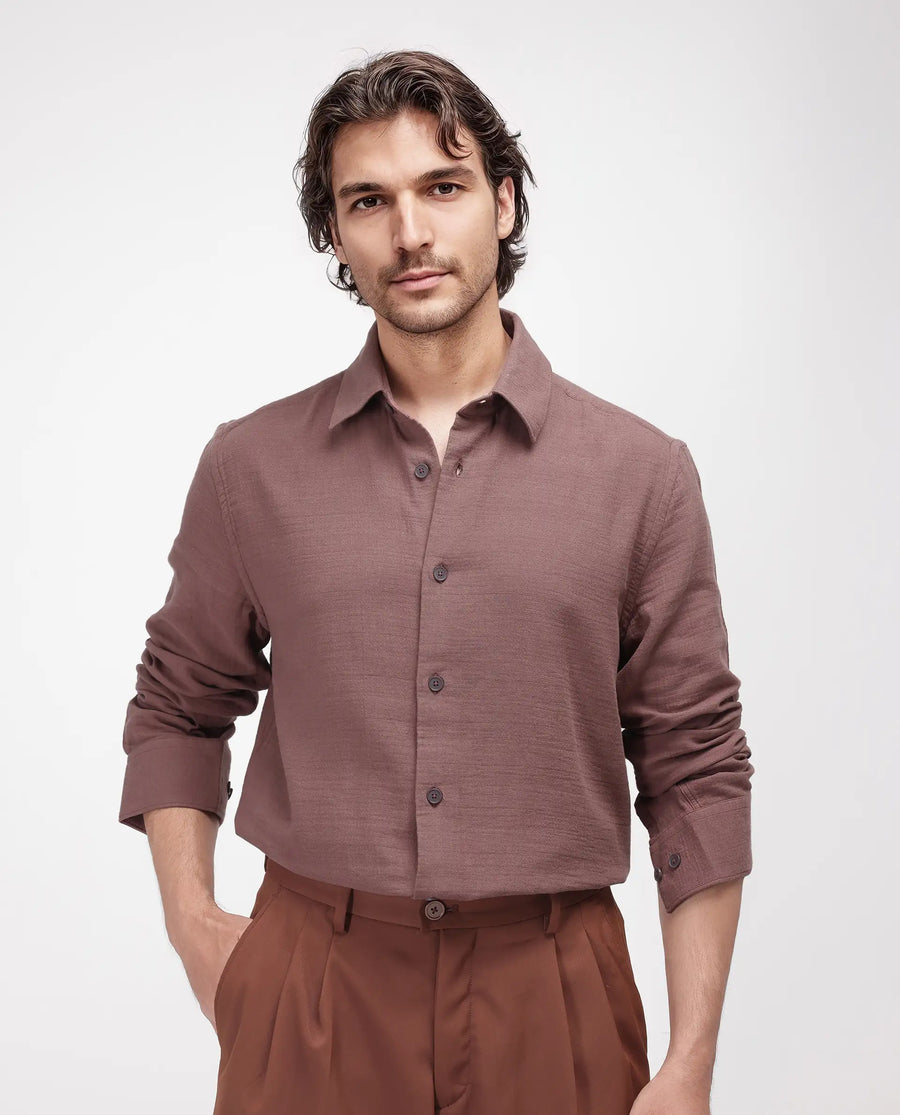 Rare Rabbit Men's Enim Dusky Maroon Cotton Plain Relaxed Fit Full Sleeve Spread Collar Shirt