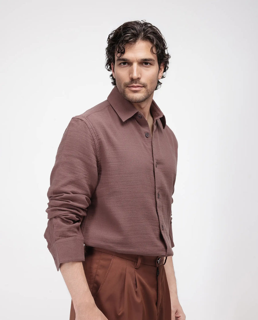 Rare Rabbit Men's Enim Dusky Maroon Cotton Plain Relaxed Fit Full Sleeve Spread Collar Shirt