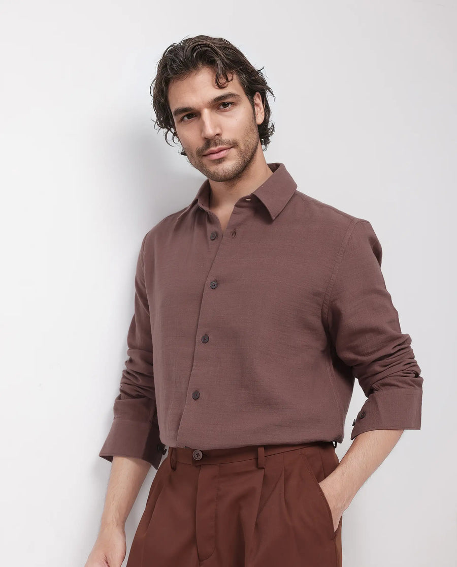 Rare Rabbit Men's Enim Dusky Maroon Cotton Plain Relaxed Fit Full Sleeve Spread Collar Shirt