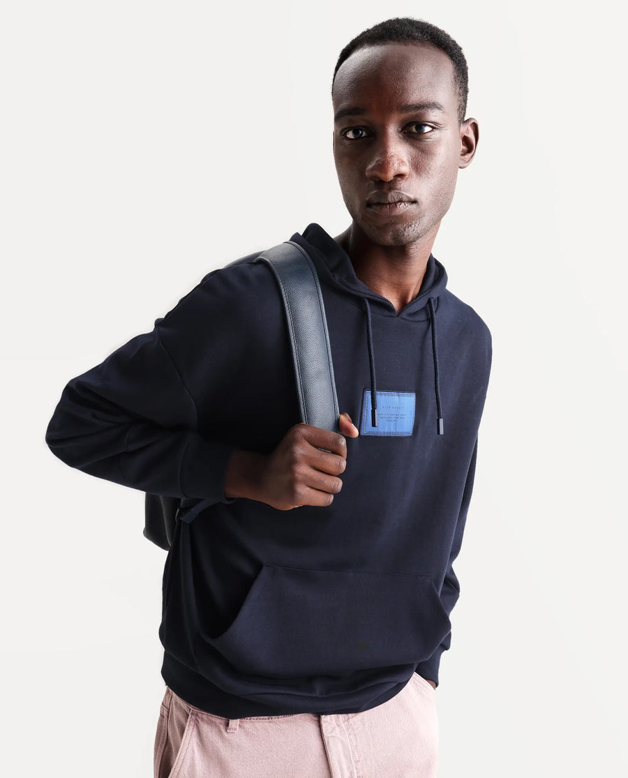 Rare Rabbit Men's Enoch Navy Cotton Blend Plain Boxy Fit Full Sleeve Hooded Sweatshirt