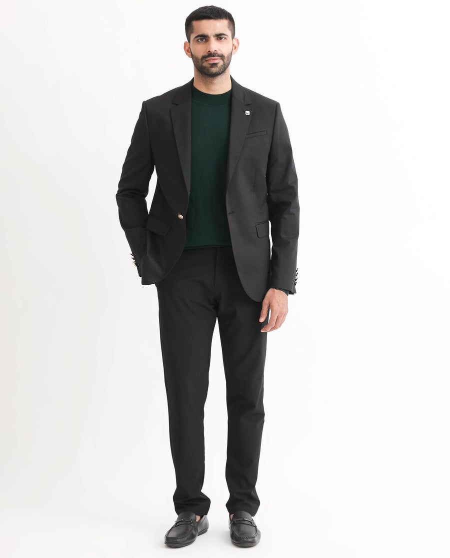 Rare Rabbit Men's Envest Black Polyester Plain Tailored Fit Full Sleeve Lapel Neck Blazer