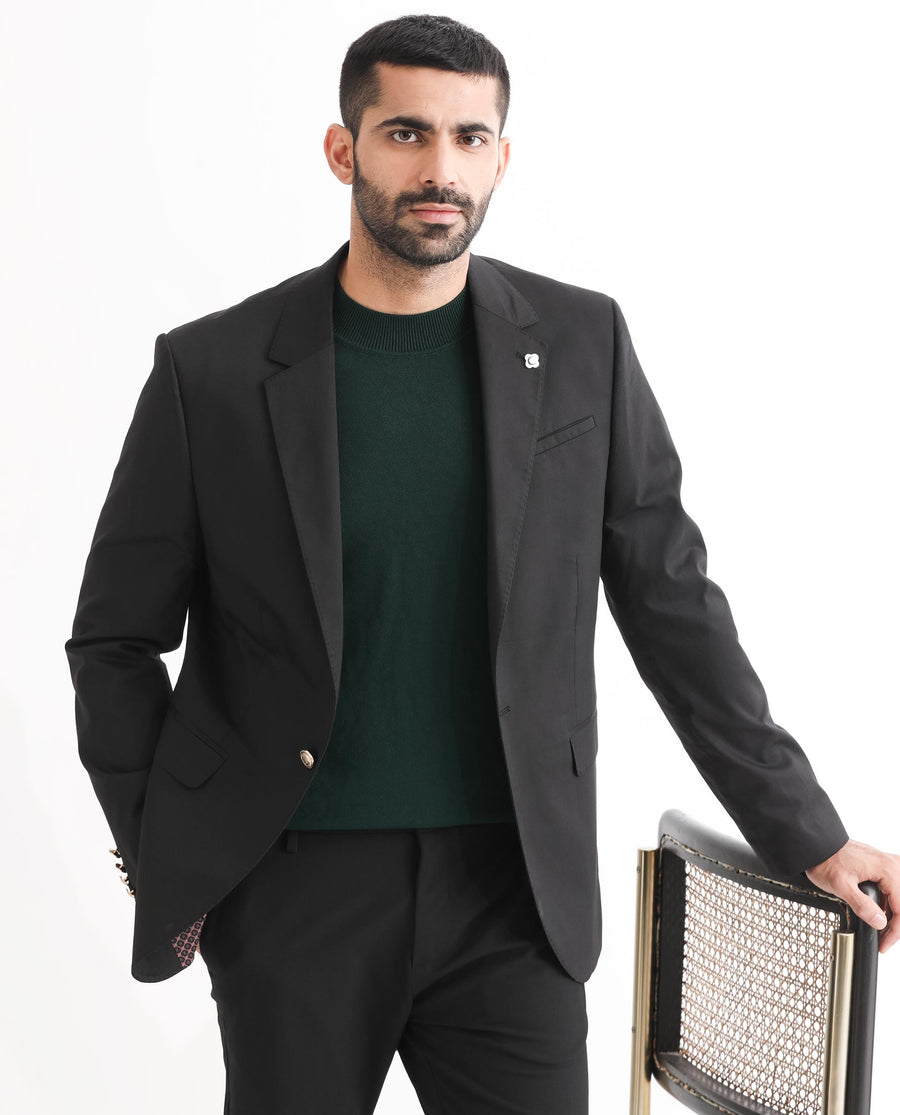 Rare Rabbit Men's Envest Black Polyester Plain Tailored Fit Full Sleeve Lapel Neck Blazer