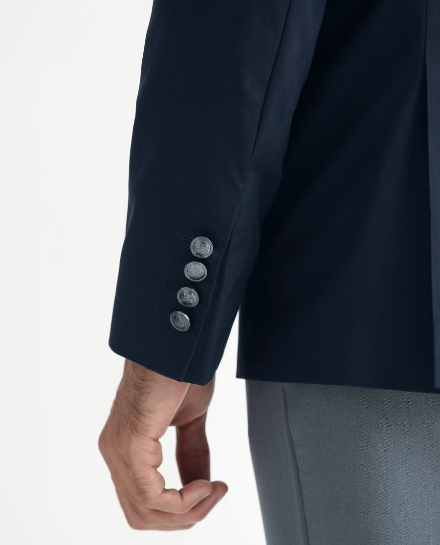 Rare Rabbit Men's Envest Dark Navy Polyester Plain Tailored Fit Full Sleeve Lapel Neck Blazer