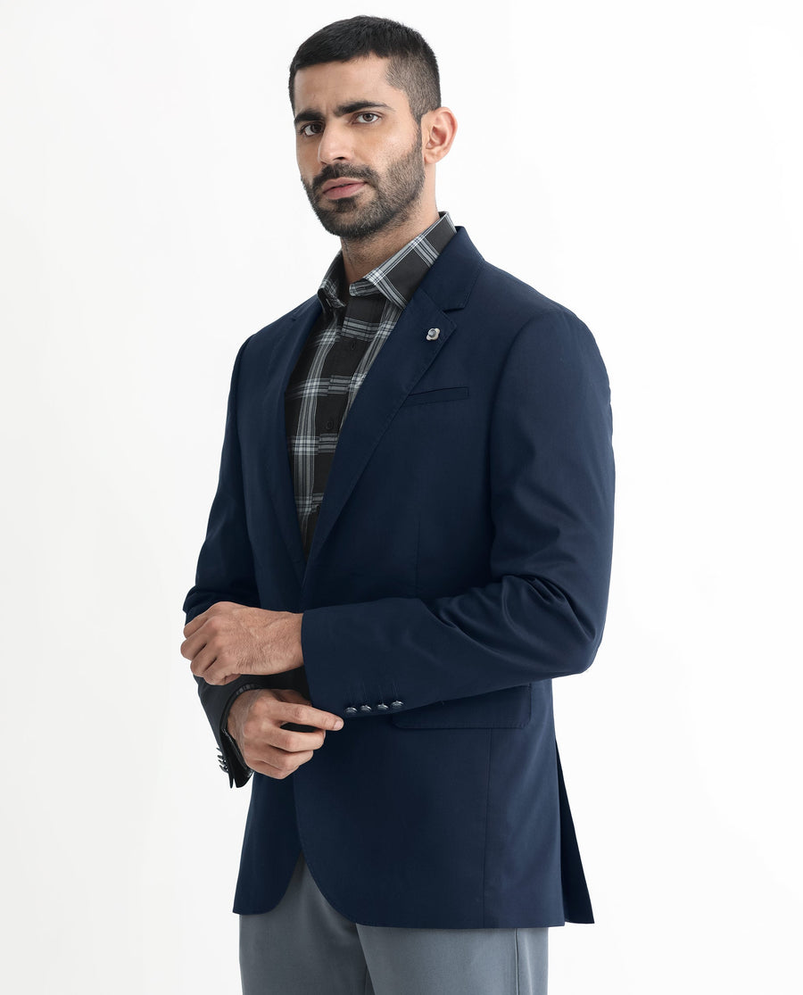Rare Rabbit Men's Envest Dark Navy Polyester Plain Tailored Fit Full Sleeve Lapel Neck Blazer