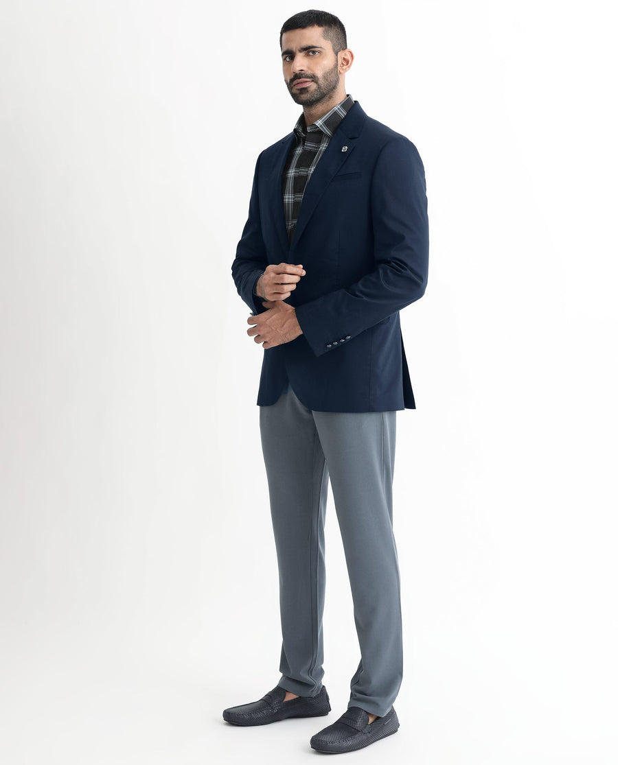 Rare Rabbit Men's Envest Dark Navy Polyester Plain Tailored Fit Full Sleeve Lapel Neck Blazer