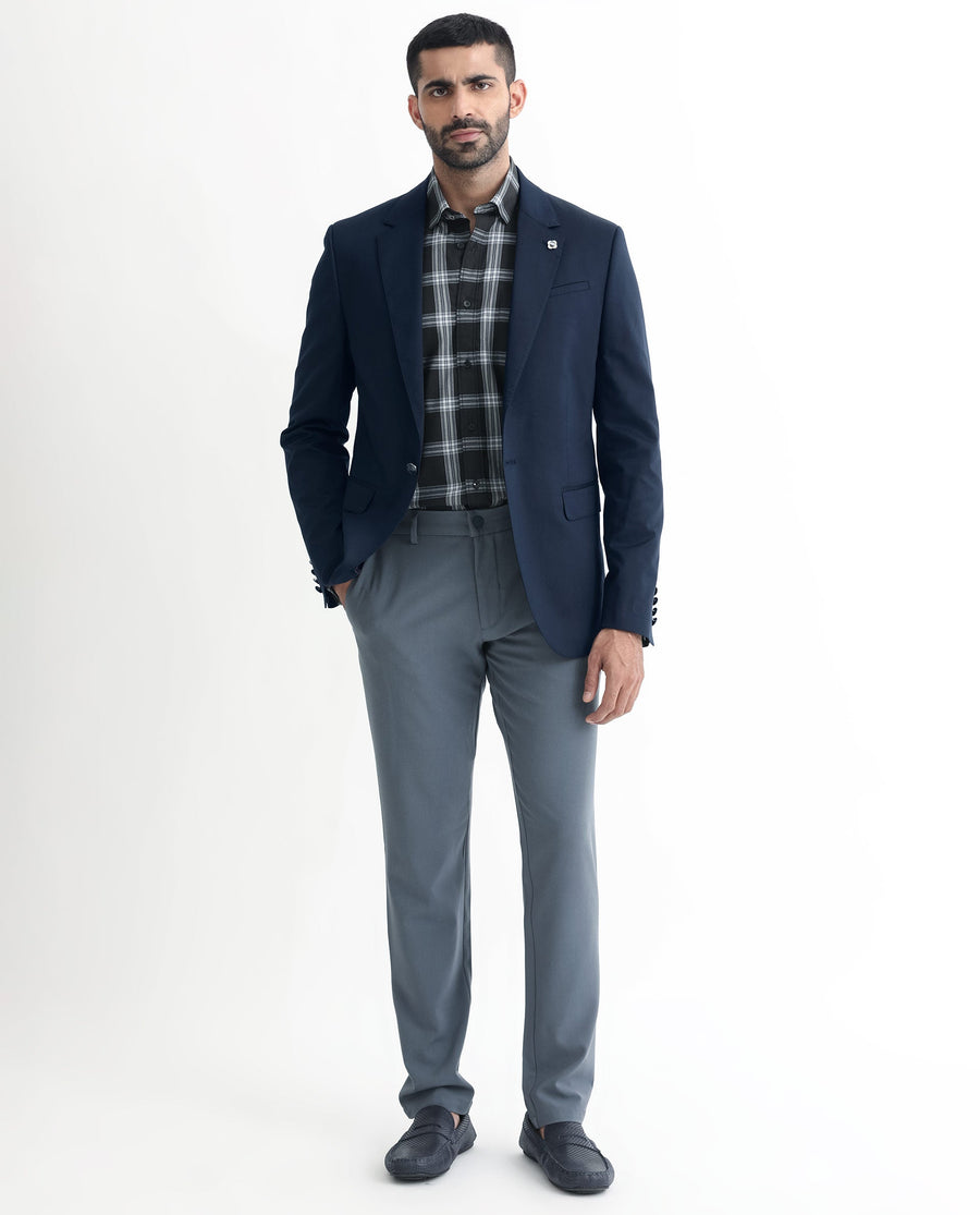 Rare Rabbit Men's Envest Dark Navy Polyester Plain Tailored Fit Full Sleeve Lapel Neck Blazer