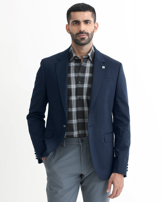 Rare Rabbit Men's Envest Dark Navy Polyester Plain Tailored Fit Full Sleeve Lapel Neck Blazer
