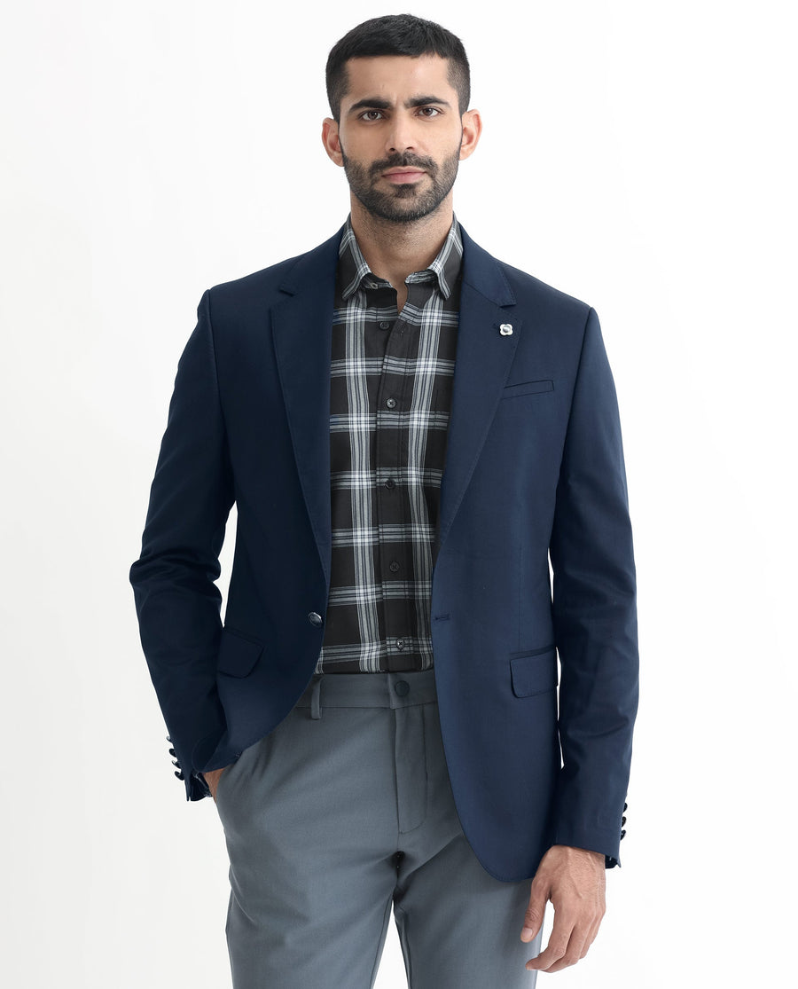 Rare Rabbit Men's Envest Dark Navy Polyester Plain Tailored Fit Full Sleeve Lapel Neck Blazer
