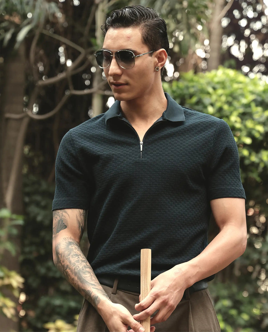 Rare Rabbit Men's Envo Dark Navy Cotton Fabric Half Sleeve Spread Collar Regular Fit Textured Polo
