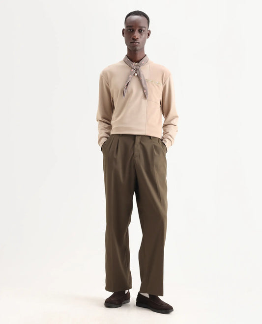 Rare Rabbit Men's Enzot Olive Cotton Plain Relaxed Fit Trouser