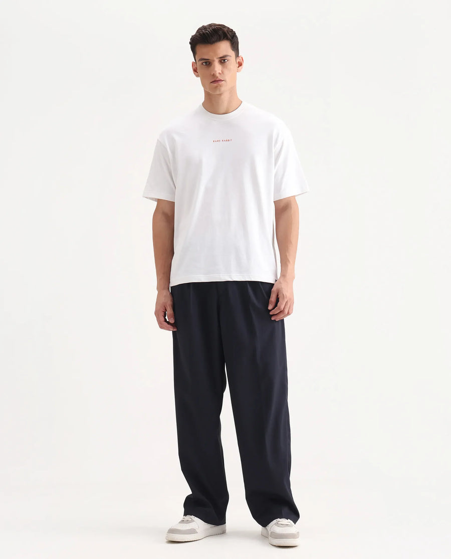 Rare Rabbit Men's Enzot Navy Cotton Plain Relaxed Fit Trouser