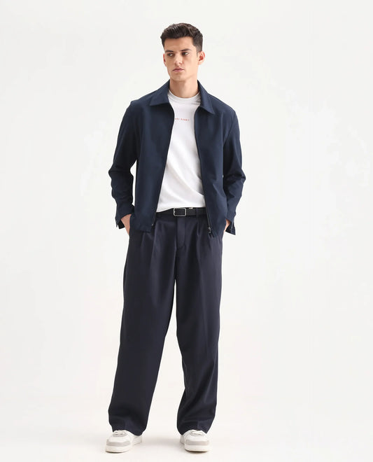 Rare Rabbit Men's Enzot Navy Cotton Plain Relaxed Fit Trouser