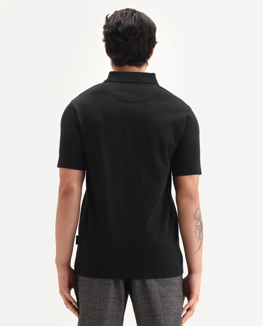 Rare Rabbit Men's Era Black Cotton Fabric Half Sleeve Spread Collar Plain Polo