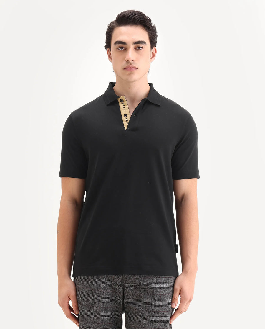 Rare Rabbit Men's Era Black Cotton Fabric Half Sleeve Spread Collar Plain Polo