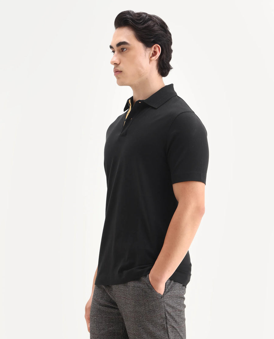Rare Rabbit Men's Era Black Cotton Fabric Half Sleeve Spread Collar Plain Polo