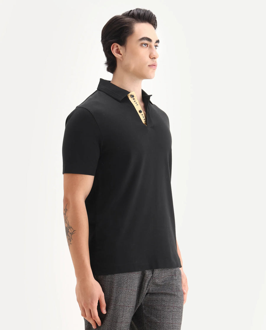 Rare Rabbit Men's Era Black Cotton Fabric Half Sleeve Spread Collar Plain Polo