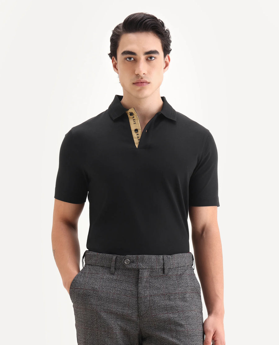 Rare Rabbit Men's Era Black Cotton Fabric Half Sleeve Spread Collar Plain Polo