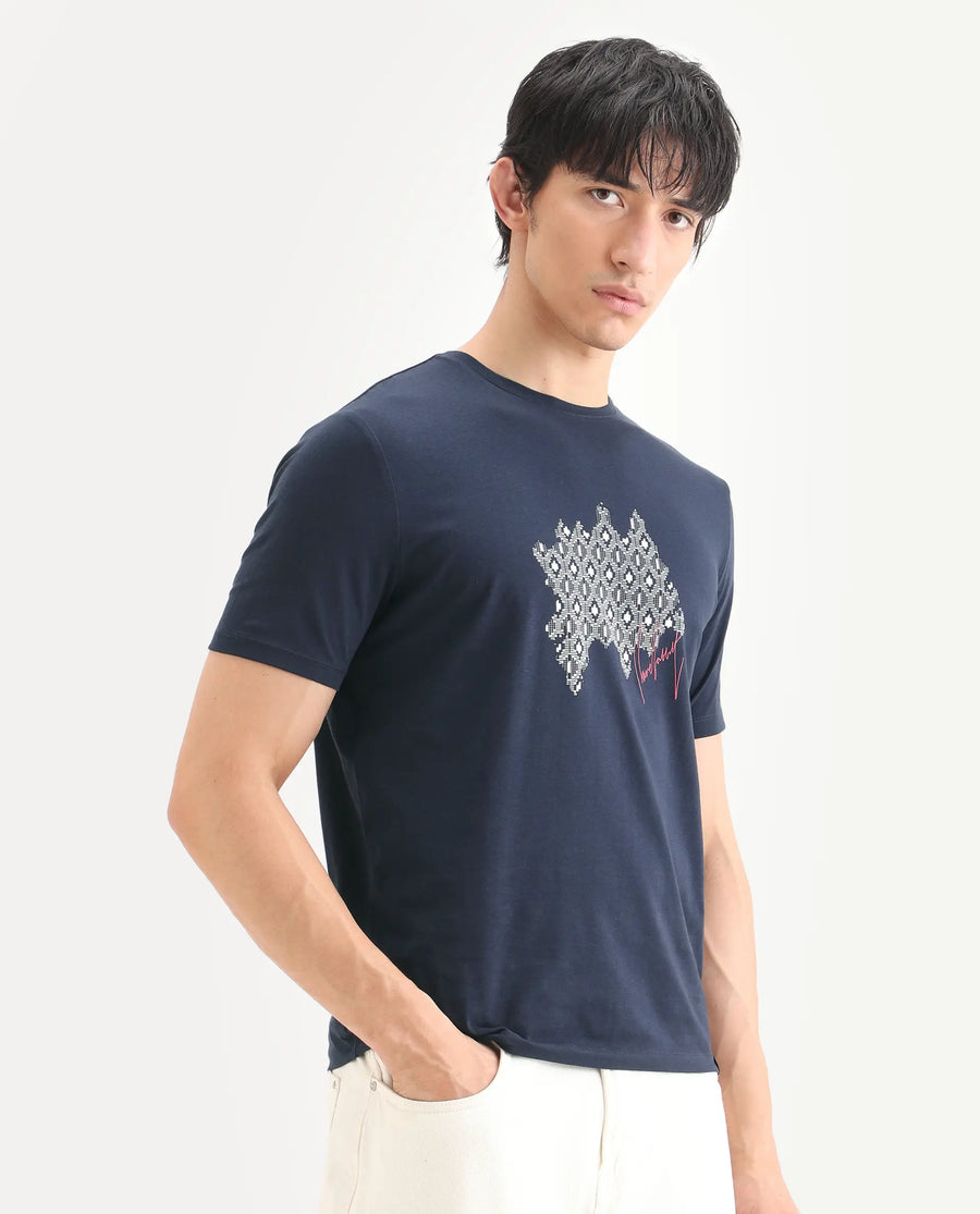 Rare Rabbit Men's Erine Navy Cotton Blend Fabric Half Sleeve Crew Neck Regular Fit Graphic Print T-Shirt
