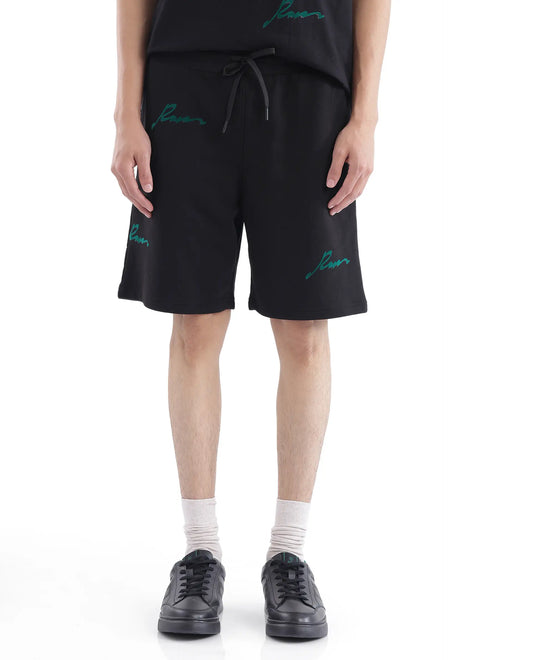 Rare Rabbit Men's Erken-B Black Cotton Typography Print Oversized Fit Shorts