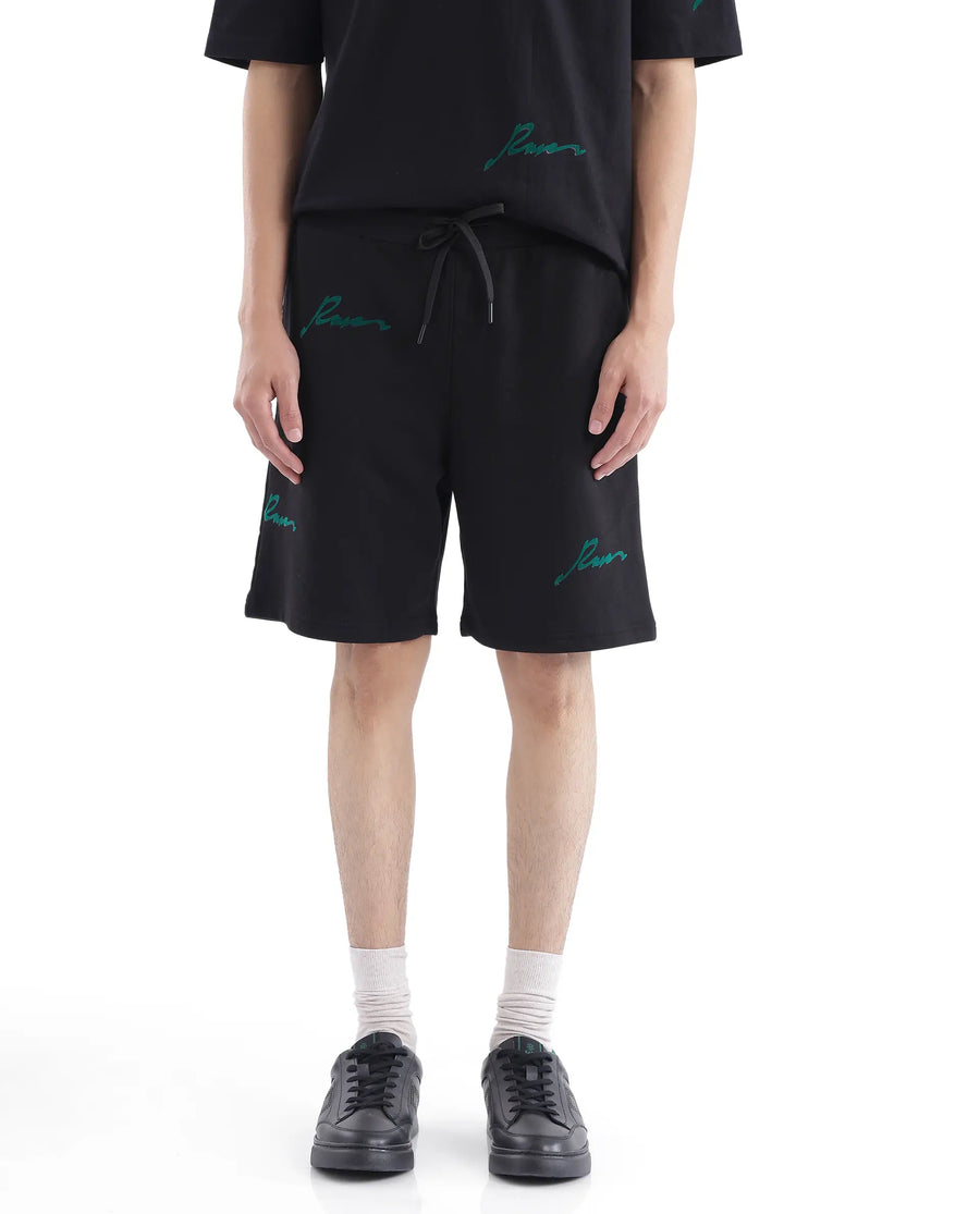 Rare Rabbit Men's Erken-B Black Cotton Typography Print Oversized Fit Shorts