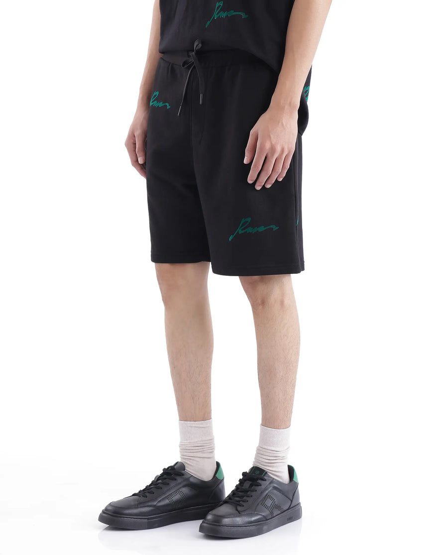 Rare Rabbit Men's Erken-B Black Cotton Typography Print Oversized Fit Shorts