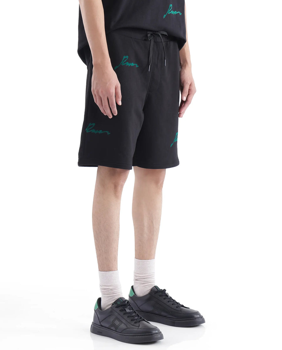 Rare Rabbit Men's Erken-B Black Cotton Typography Print Oversized Fit Shorts