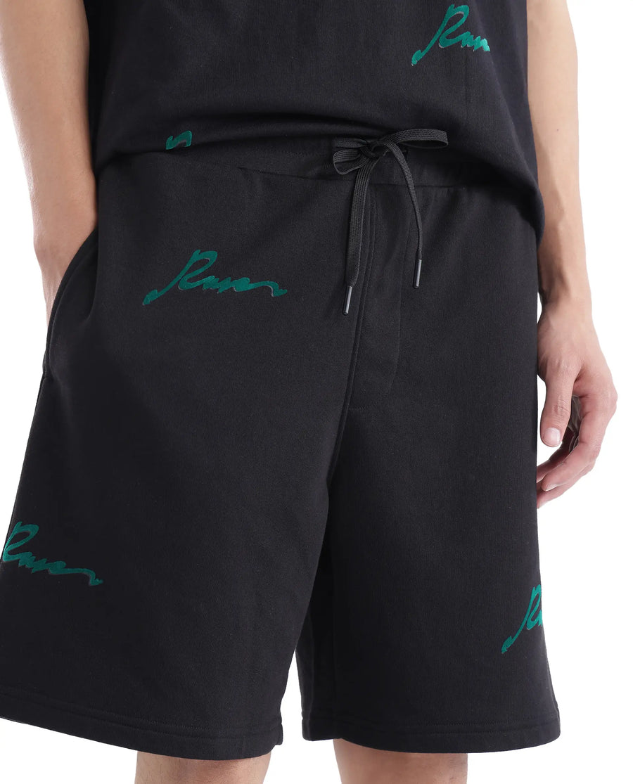 Rare Rabbit Men's Erken-B Black Cotton Typography Print Oversized Fit Shorts