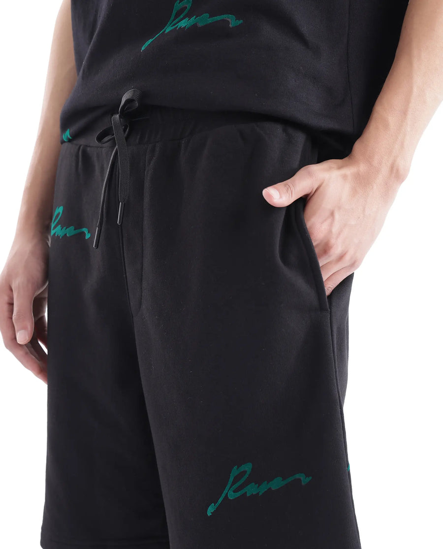Rare Rabbit Men's Erken-B Black Cotton Typography Print Oversized Fit Shorts