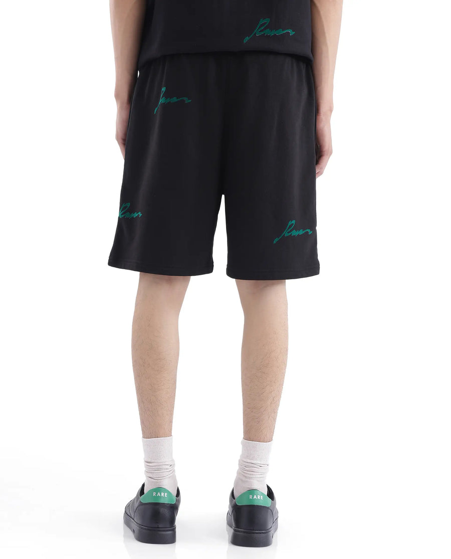 Rare Rabbit Men's Erken-B Black Cotton Typography Print Oversized Fit Shorts