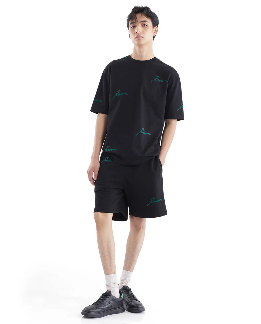 Rare Rabbit Men's Erken-B Black Cotton Typography Print Oversized Fit Shorts