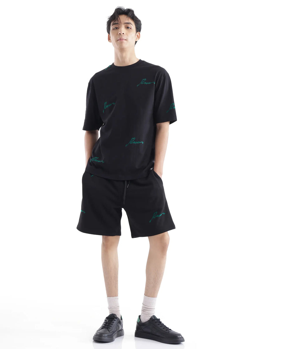Rare Rabbit Men's Erken Black Cotton Graphic Print Oversized Fit Half Sleeve Crew Neck T-Shirt