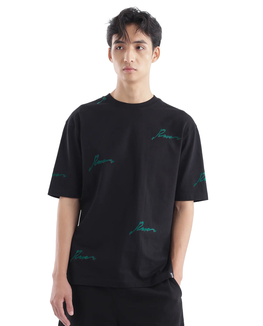 Rare Rabbit Men's Erken Black Cotton Graphic Print Oversized Fit Half Sleeve Crew Neck T-Shirt