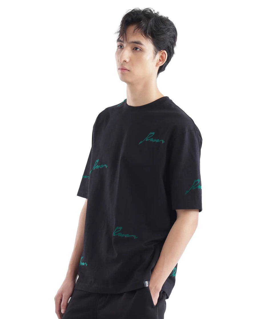 Rare Rabbit Men's Erken Black Cotton Graphic Print Oversized Fit Half Sleeve Crew Neck T-Shirt