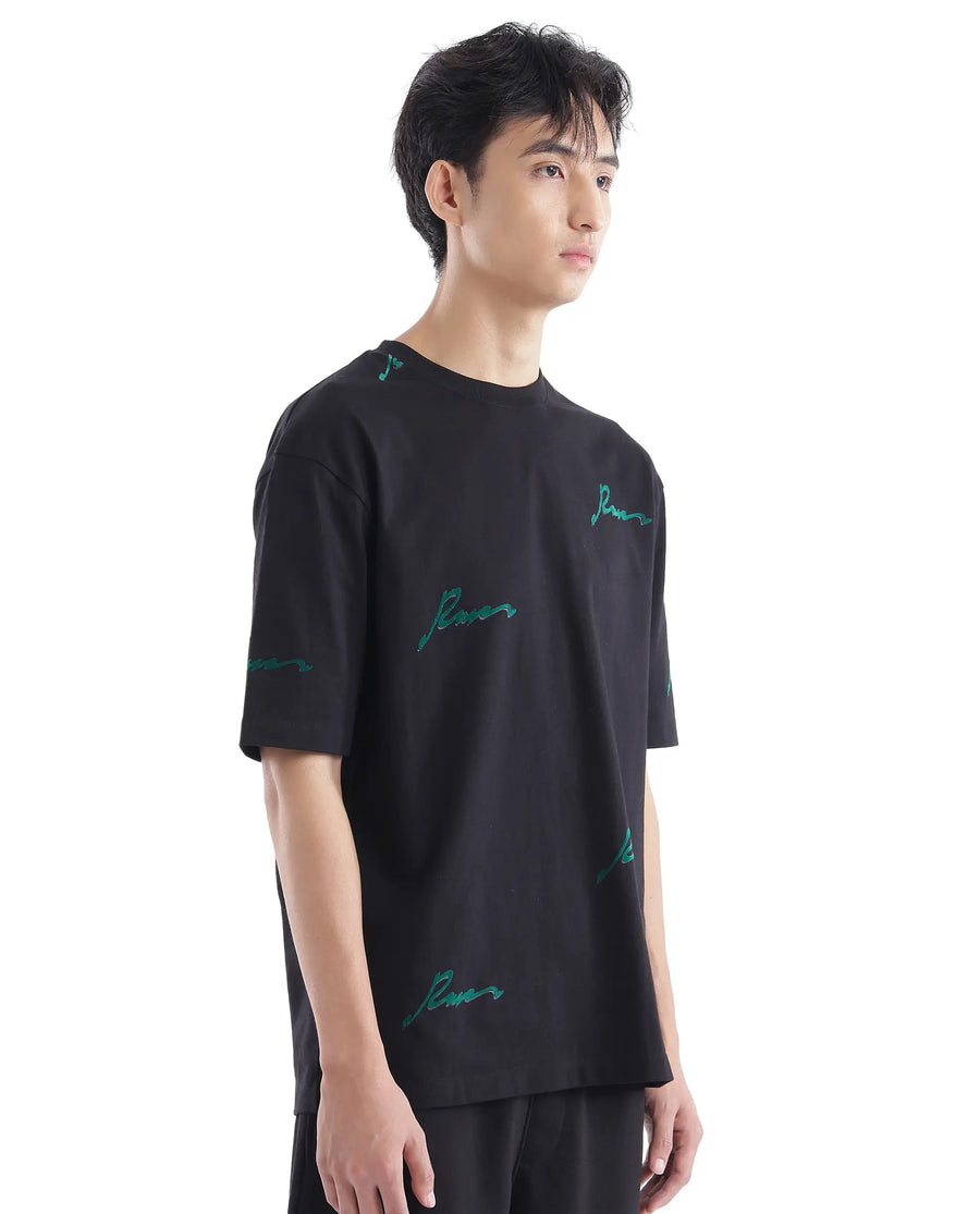 Rare Rabbit Men's Erken Black Cotton Graphic Print Oversized Fit Half Sleeve Crew Neck T-Shirt