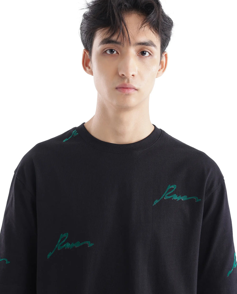 Rare Rabbit Men's Erken Black Cotton Graphic Print Oversized Fit Half Sleeve Crew Neck T-Shirt