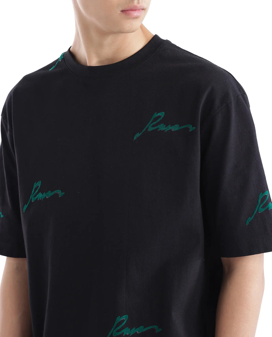 Rare Rabbit Men's Erken Black Cotton Graphic Print Oversized Fit Half Sleeve Crew Neck T-Shirt