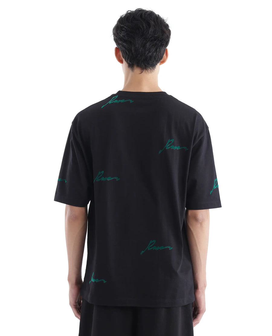 Rare Rabbit Men's Erken Black Cotton Graphic Print Oversized Fit Half Sleeve Crew Neck T-Shirt