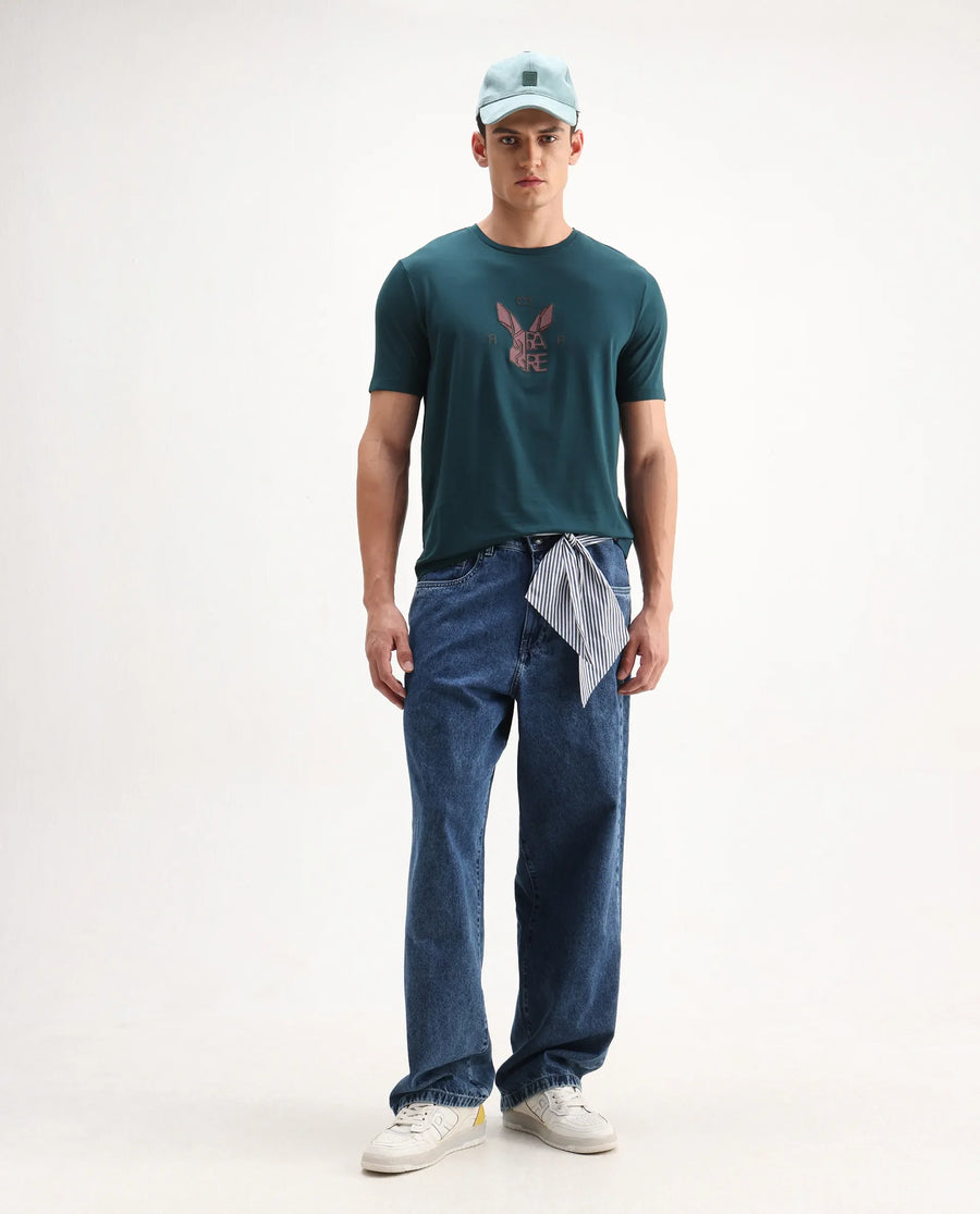 Rare Rabbit Men's Eros Dark Teal Cotton Blend Graphic Print Regular Fit Half Sleeve Crew Neck T-Shirt