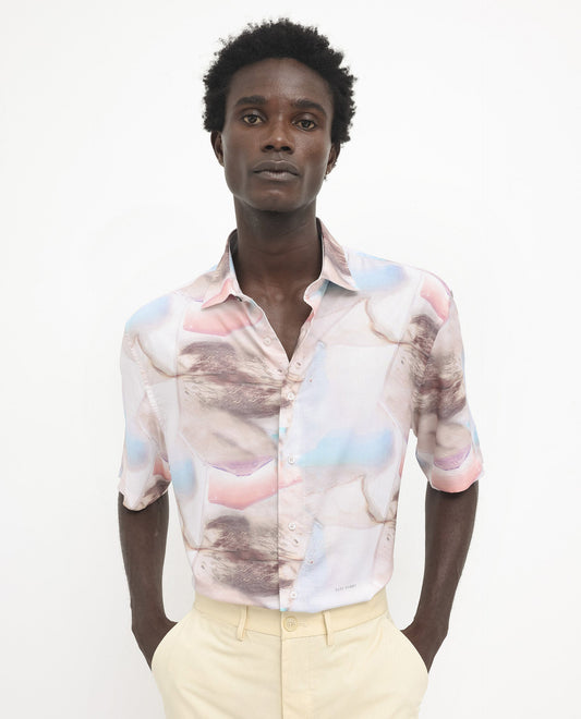 Rare Rabbit Men's Errai Beige Viscose Floral Print Boxy Fit Half Sleeve Collared Shirt