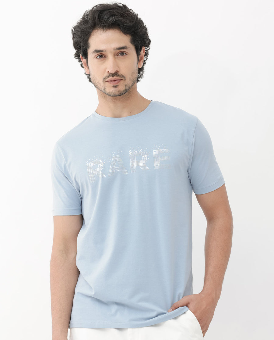 Rare Rabbit Men's Eso Light Blue Cotton Blend Graphic Print Regular Fit Half Sleeve Crew Neck T-Shirt
