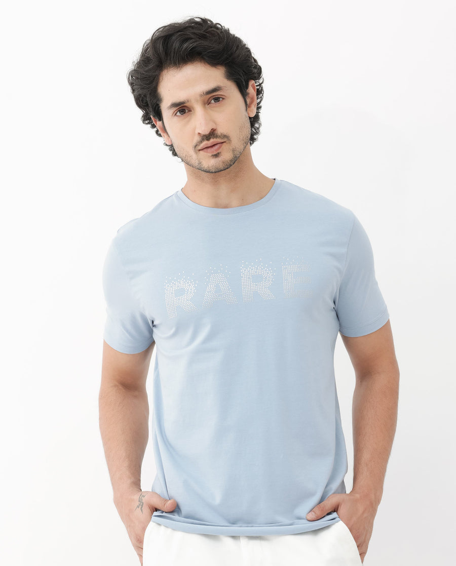 Rare Rabbit Men's Eso Light Blue Cotton Blend Graphic Print Regular Fit Half Sleeve Crew Neck T-Shirt
