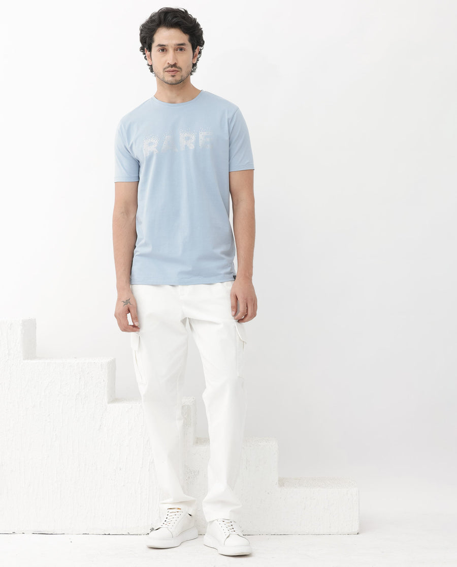 Rare Rabbit Men's Eso Light Blue Cotton Blend Graphic Print Regular Fit Half Sleeve Crew Neck T-Shirt