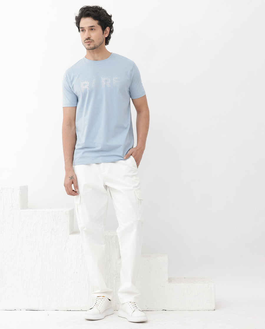 Rare Rabbit Men's Eso Light Blue Cotton Blend Graphic Print Regular Fit Half Sleeve Crew Neck T-Shirt