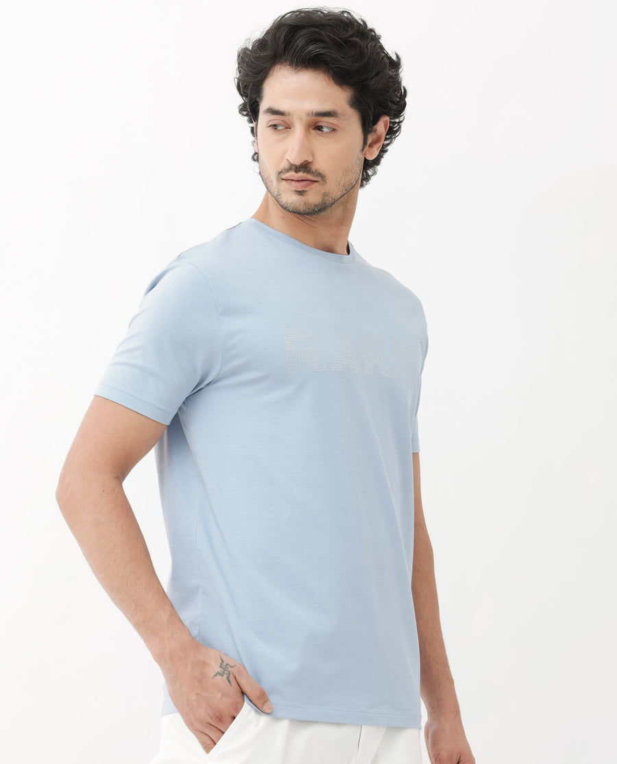 Rare Rabbit Men's Eso Light Blue Cotton Blend Graphic Print Regular Fit Half Sleeve Crew Neck T-Shirt