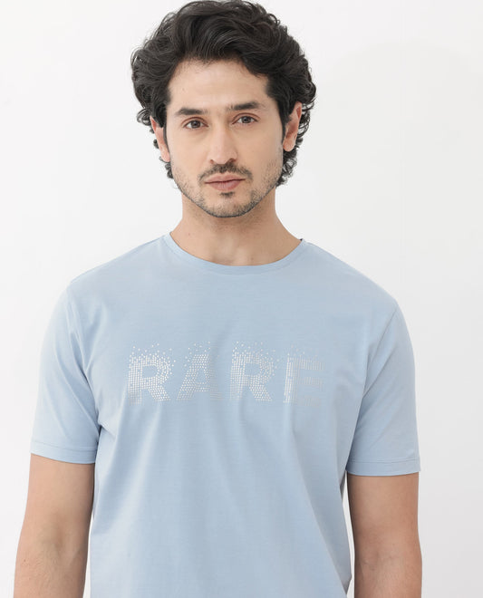 Rare Rabbit Men's Eso Light Blue Cotton Blend Graphic Print Regular Fit Half Sleeve Crew Neck T-Shirt