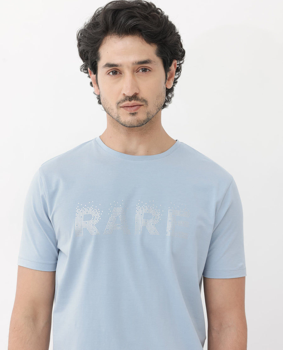 Rare Rabbit Men's Eso Light Blue Cotton Blend Graphic Print Regular Fit Half Sleeve Crew Neck T-Shirt