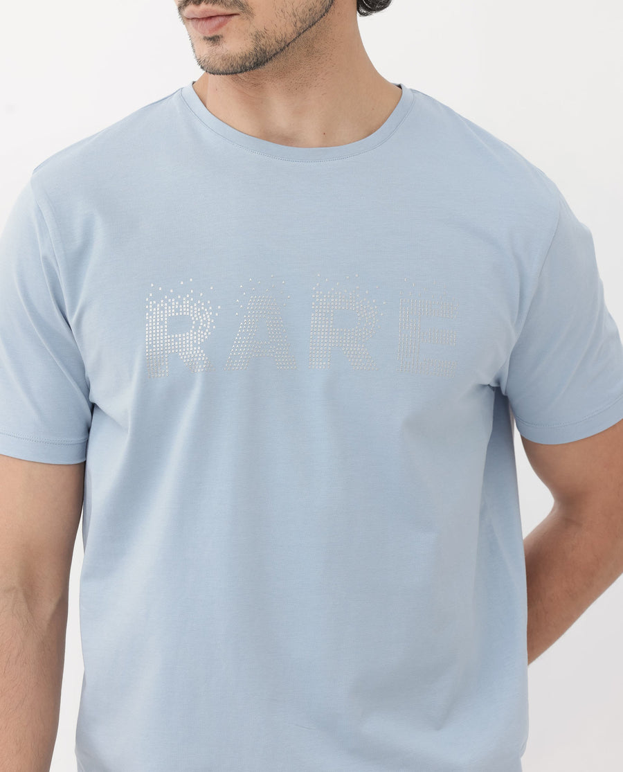 Rare Rabbit Men's Eso Light Blue Cotton Blend Graphic Print Regular Fit Half Sleeve Crew Neck T-Shirt